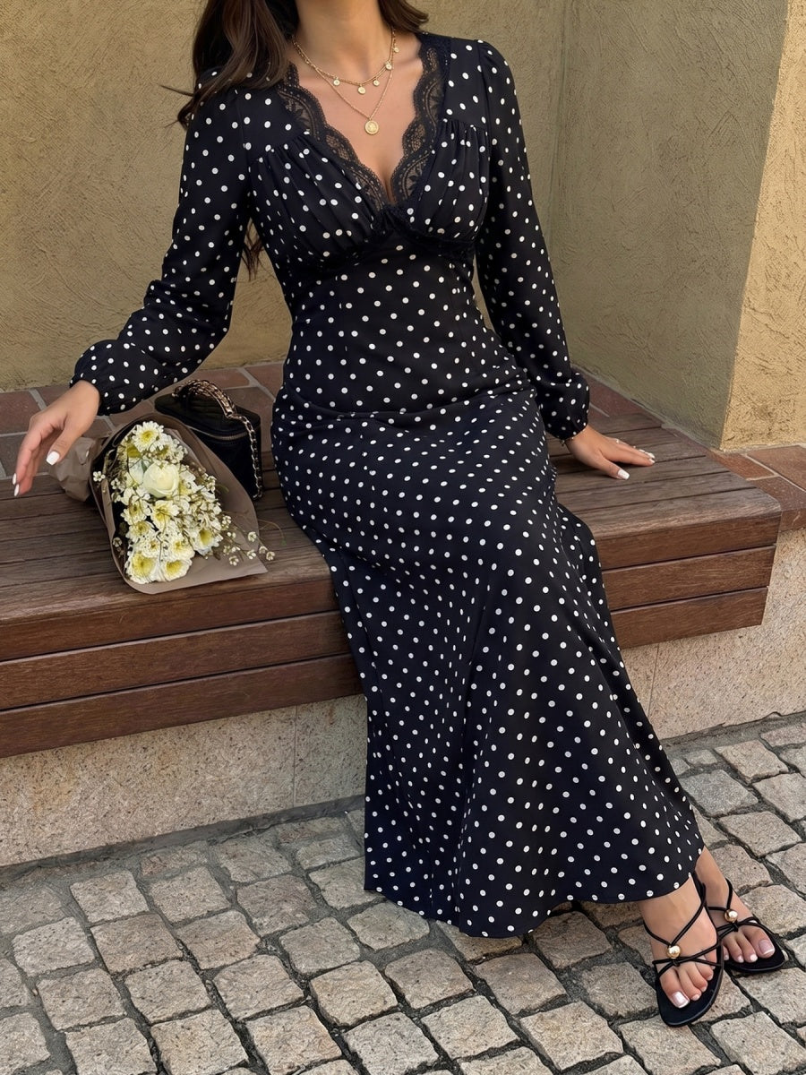 Lace-up Lace Polka Dots Splicing Polka Dots Maxi Dresses