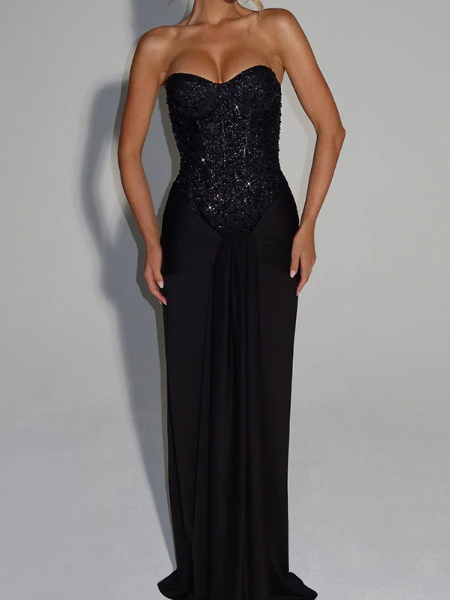 Sequins Tube Top Splicing Bandage Formal Dress Maxi Dresses