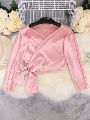 V-neck Long Sleeve Side Straps Silk Chiffon Blouse