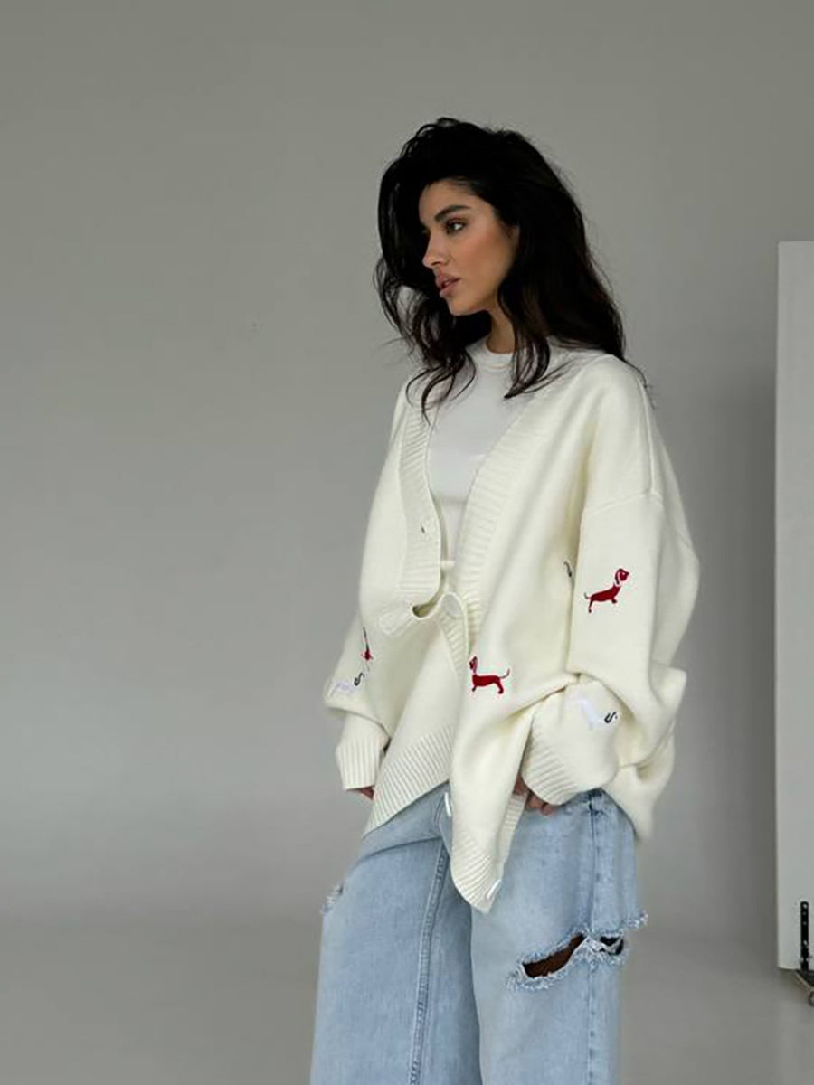 Liber Summer Women's Dachshund embroidered cardigan sweater Anime cartoon Cardigans