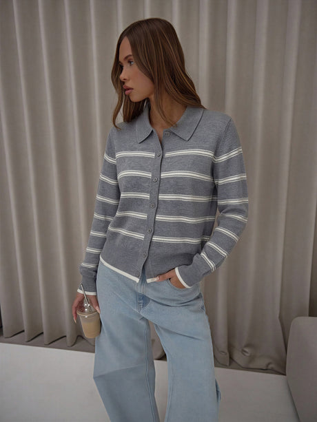 Wool Collar Striped Single-breasted Knit Cardigan