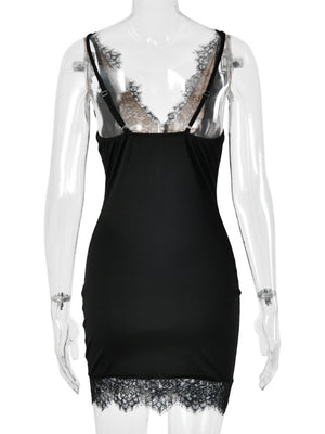 Lace Trim Deep V-neck Sleeveless Bodycon Mini&Short Dresses