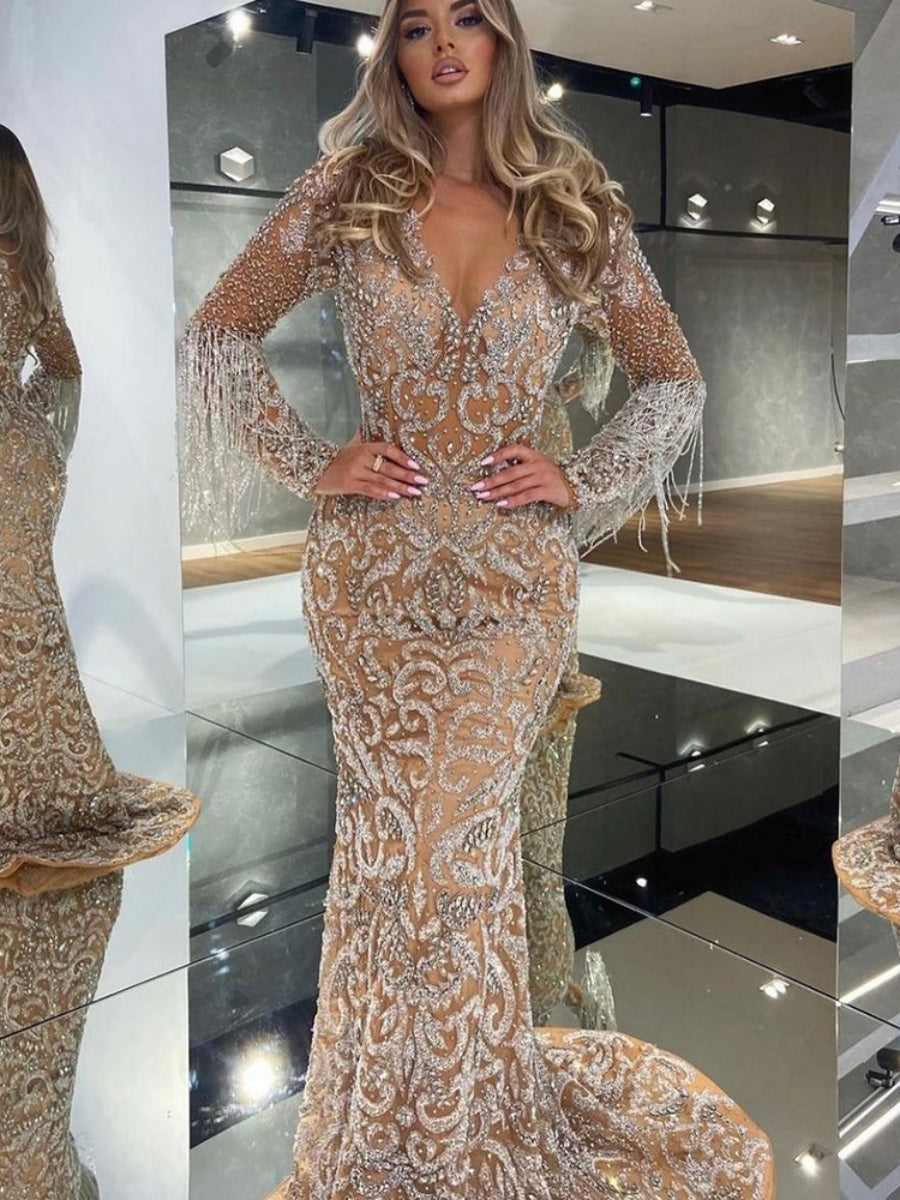Deep V-neck Fishtail Sprinkled Gold Tassel Maxi Dresses