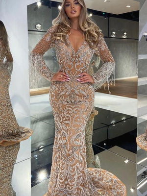 Deep V-neck Fishtail Sprinkled Gold Tassel Maxi Dresses