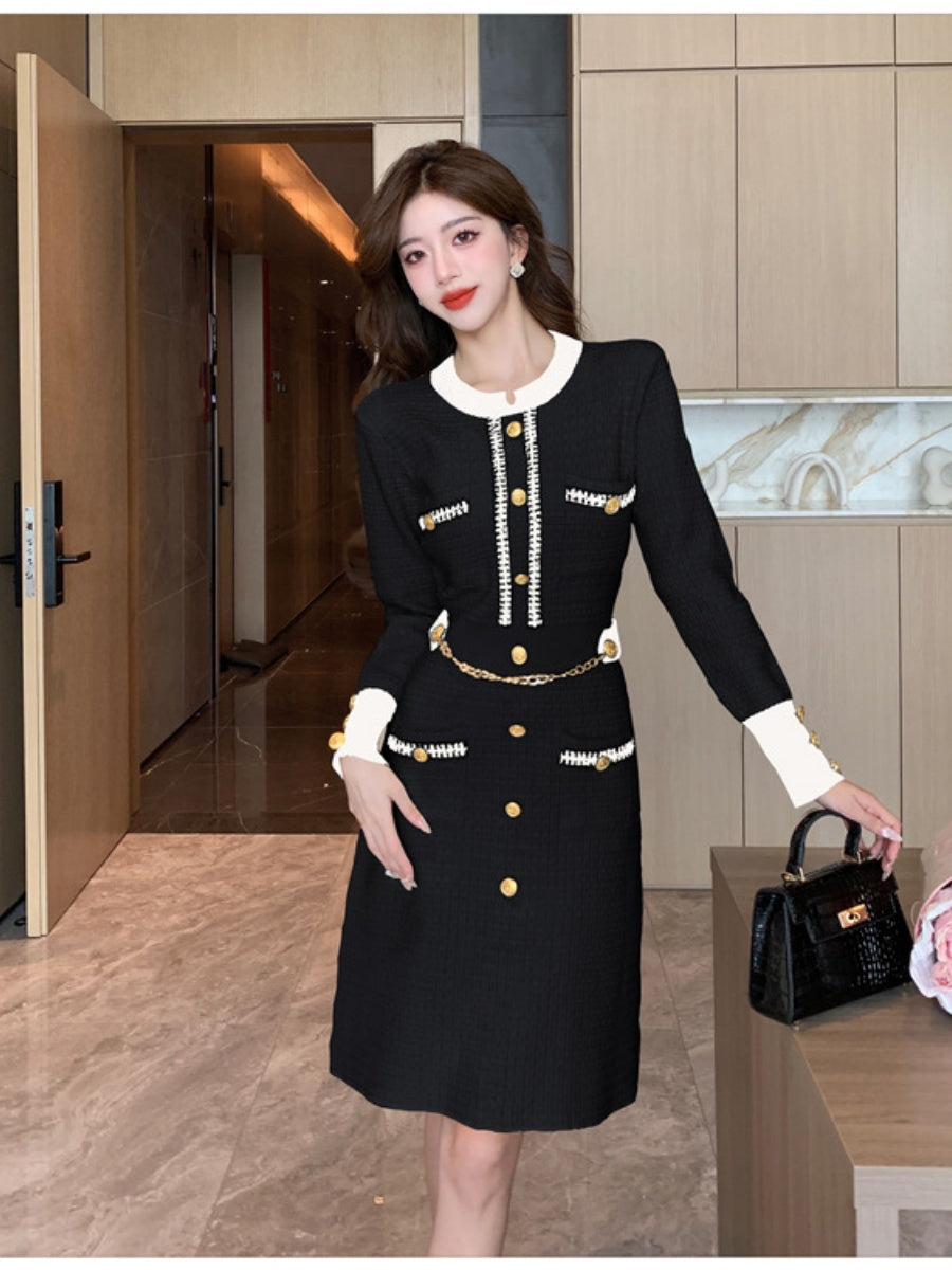 Elegant And Sophisticated Long-sleeved Round Neck Button-down Chanel-style Knit Midi Dress