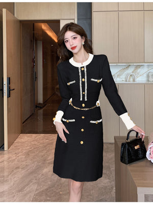 Elegant And Sophisticated Long-sleeved Round Neck Button-down Chanel-style Knit Midi Dress