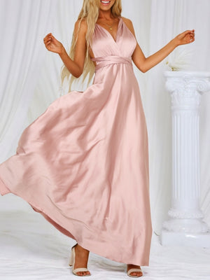 V-neck Satin Ribbon Long Skirt Parties Maxi Dresses