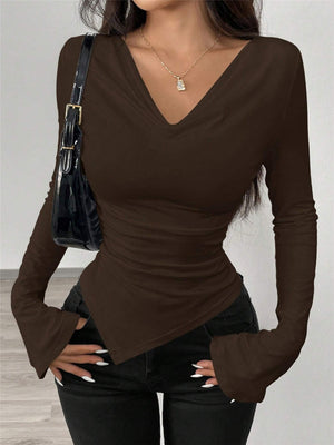 V-neck, Off-shoulder, Two-way Design, Slim Fit, Pleated, Irregular Long-sleeved T-shirt