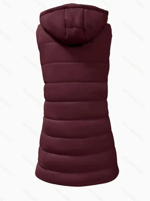 Mid-length Hooded Design Keep Warm Leisure Zipper Pocket Quilted Vest