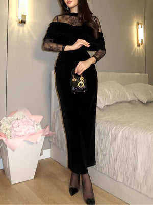 Black Velvet Shawl Fitted Lace Long Dress