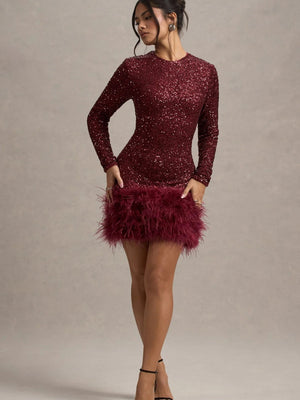 Liber Winter Women's Sequins Solid Color Long sleeve Feather Mini&Short Dresses