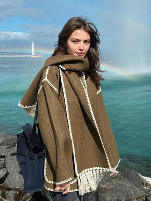 Wool Coat With Scarf And Tassels, Warm And Thick For Autumn And Winter.
