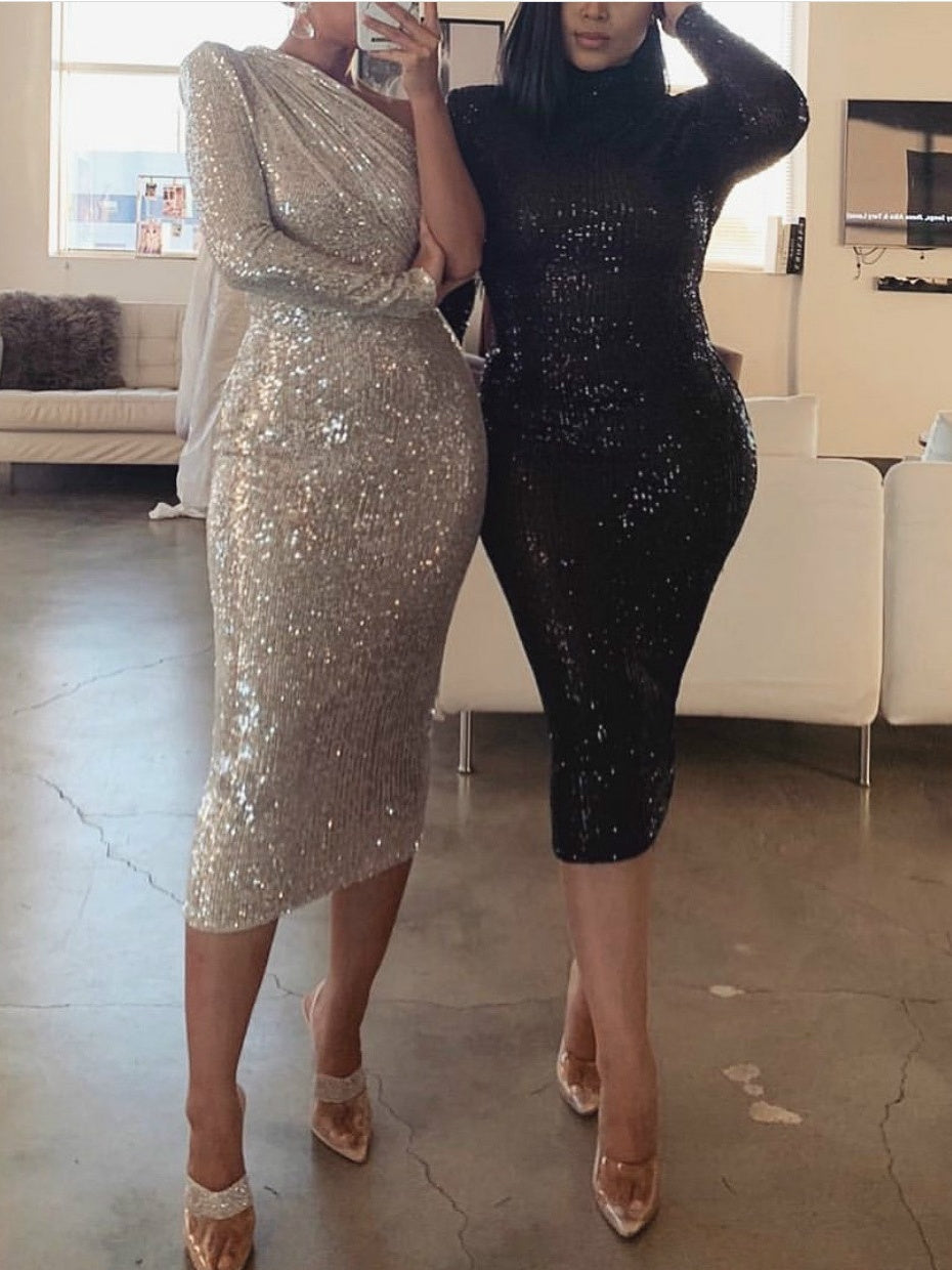 One Shoulder Bandeau Sequins Mini&Short Dresses