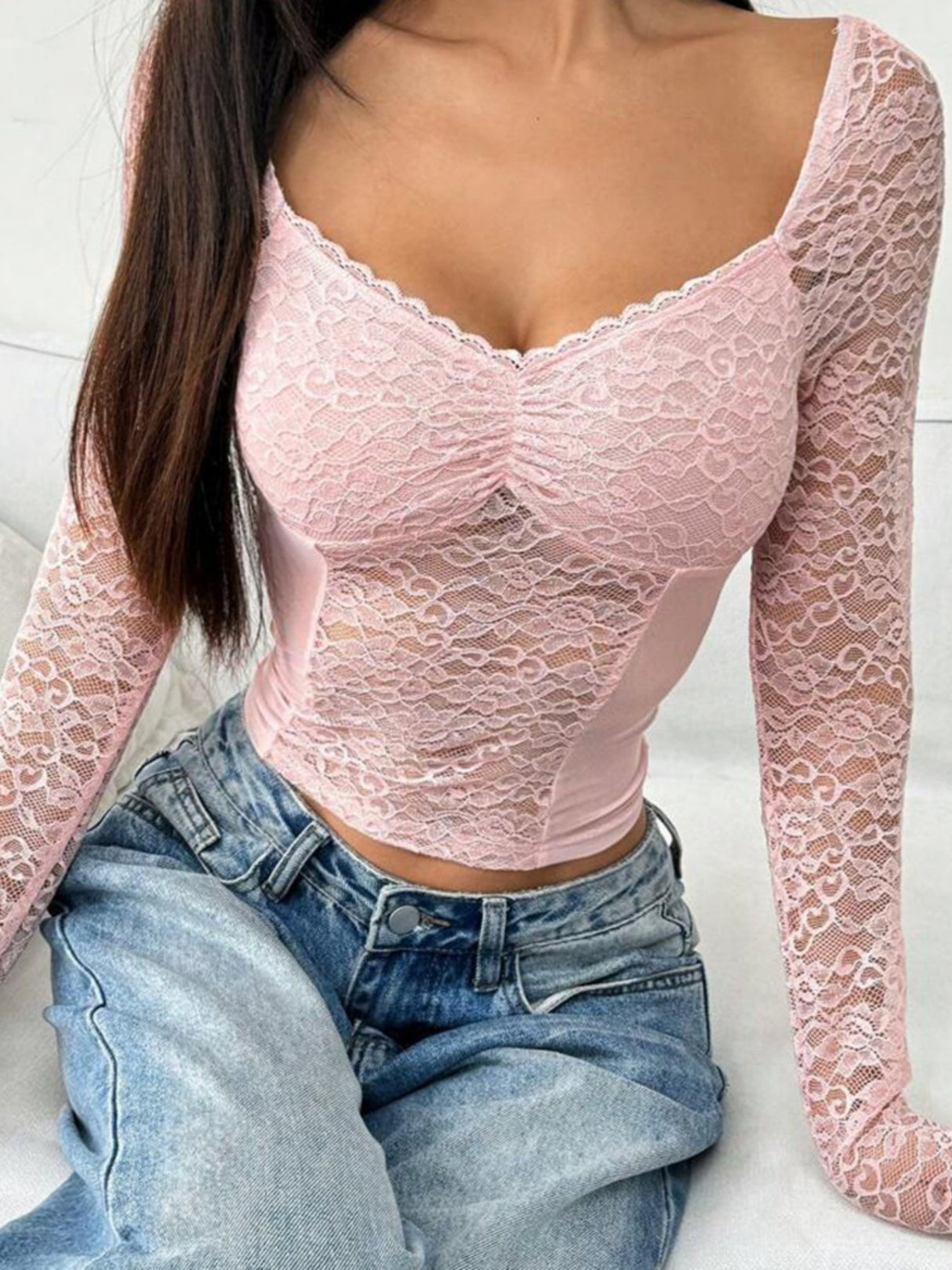 Lace See-through V-neck Sexy Spliced Long Sleeve Tops