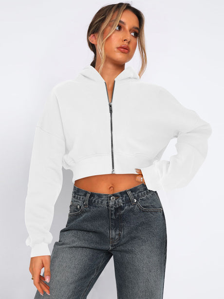 Women's Autumn/Winter Solid Color Zipper Cardigan Long Sleeve Short Hooded Sweatshirt