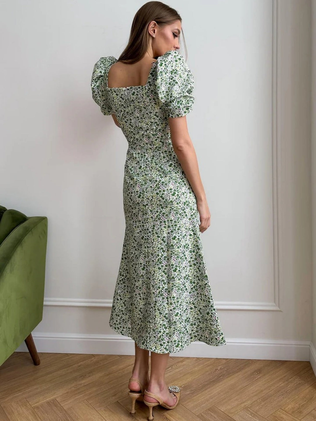 Floral Print Square Neckline And Puff Sleeves Maxi Dresses