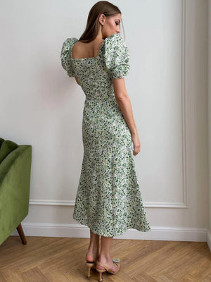 Floral Print Square Neckline And Puff Sleeves Maxi Dresses