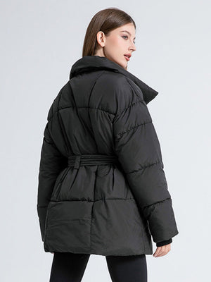 Stand Collar Tie Button Down Mid-length Warm Coat