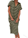 Stripes V-neck Short Sleeve Low-split Lapel Maxi Dresses