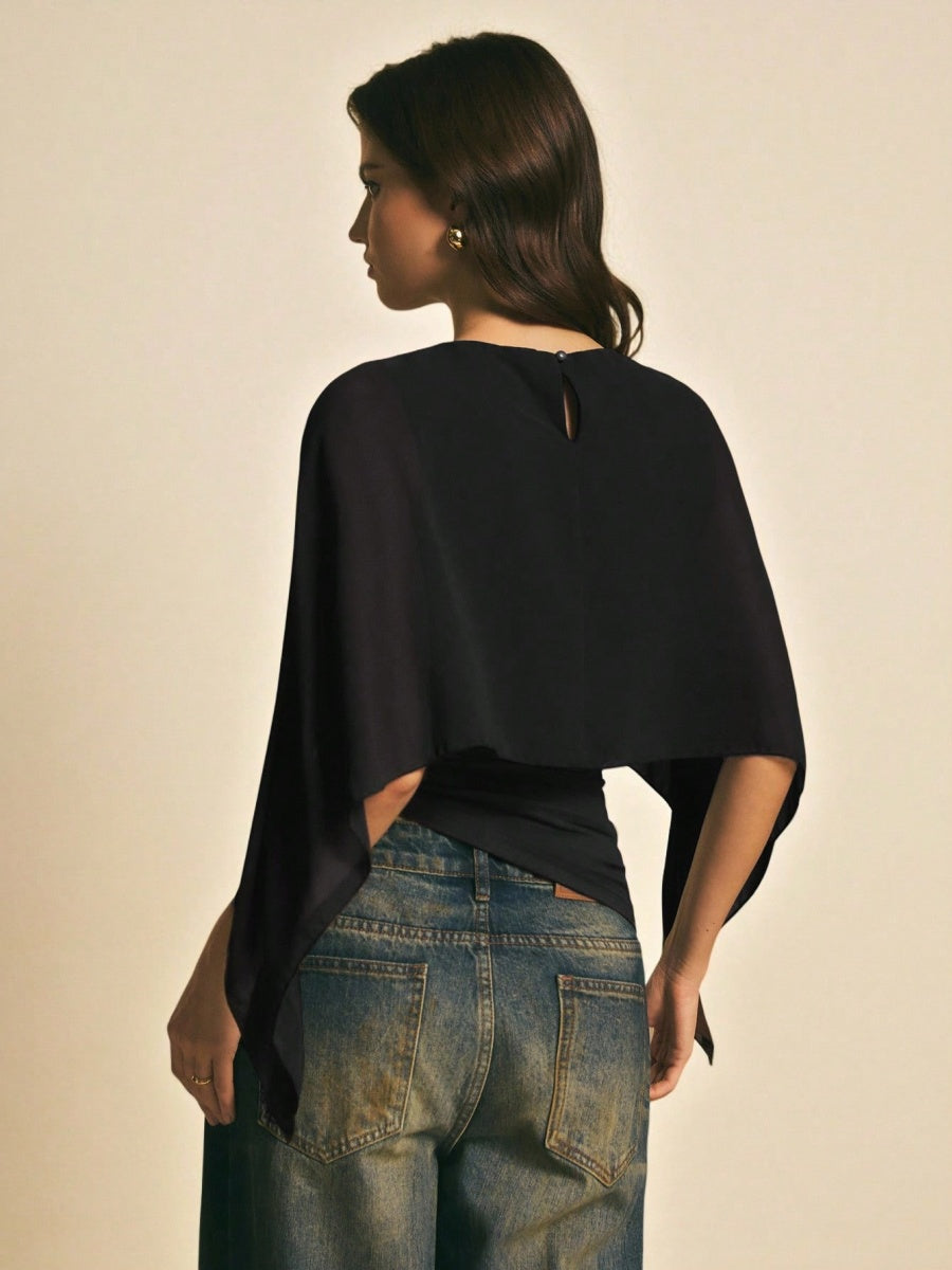Cape-sleeve T-shirt, Round Neck, Loose Chiffon Cover-up, Elegant Irregular Top/T-shirt