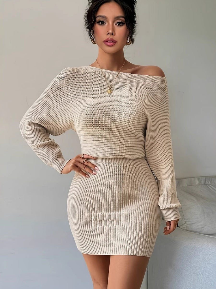 Off-shoulder Knitting Hip Tight Fit Mini&Short Dresses