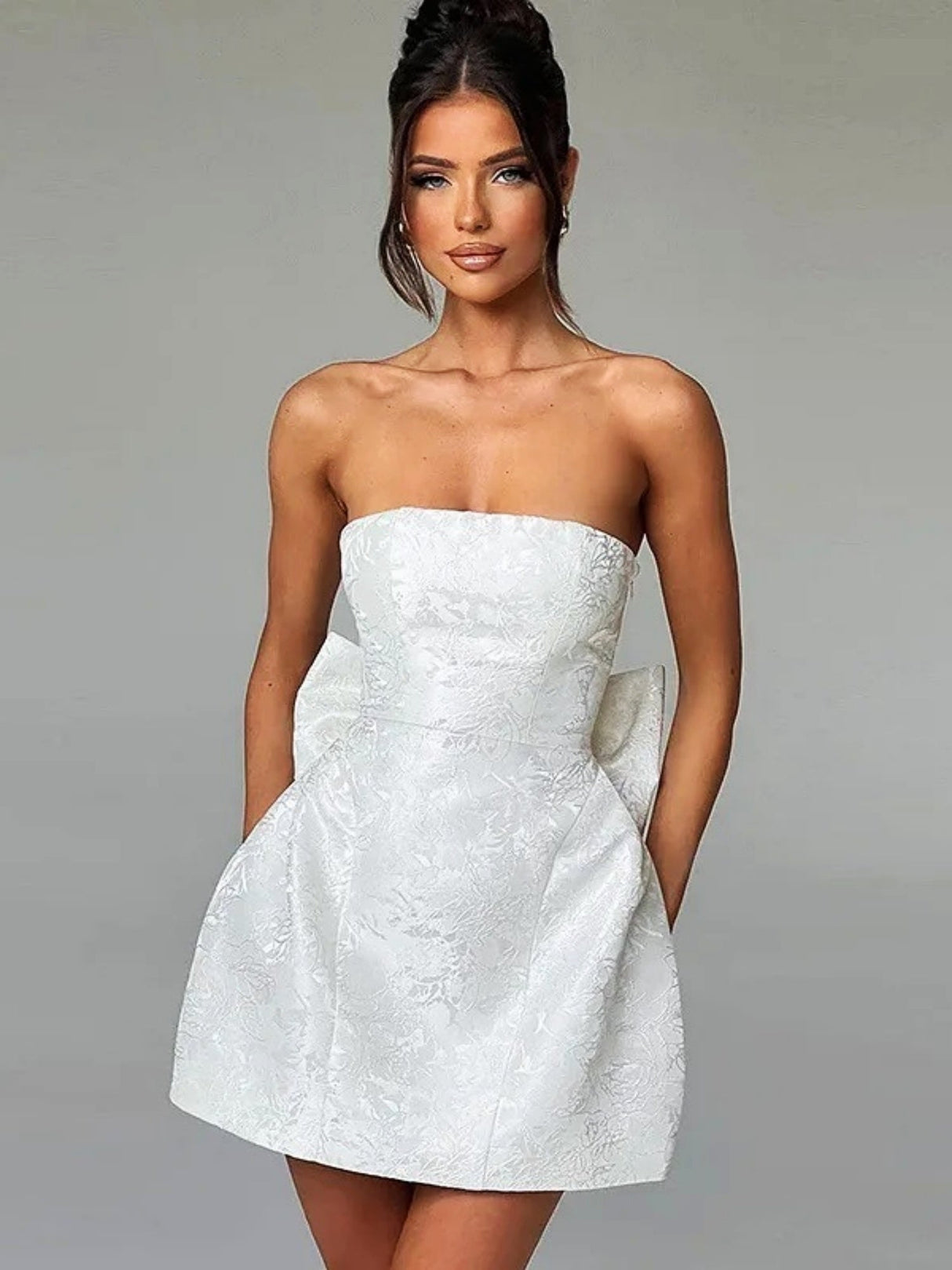 Jacquard Strapless Top Bow Straps Backless Solid Color Mini&Short Dresses