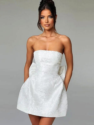 Jacquard Strapless Top Bow Straps Backless Solid Color Mini&Short Dresses