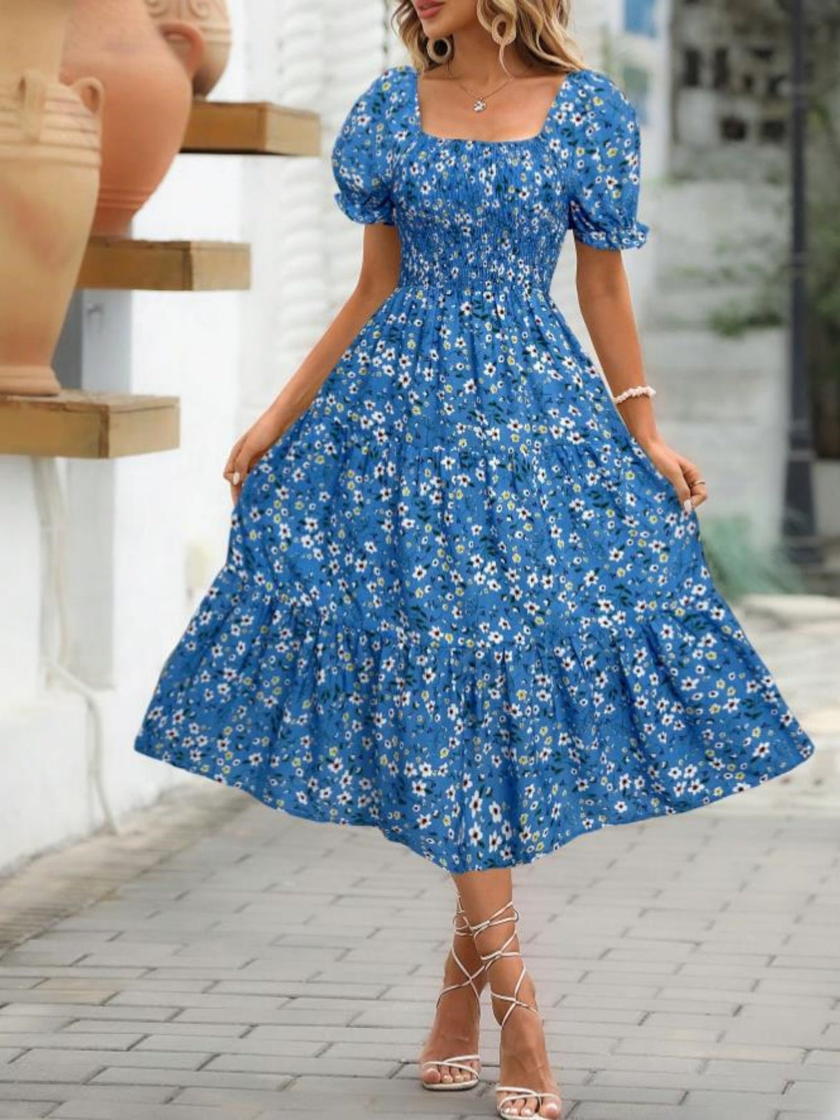 Floral Print Square Neckline And Puff Sleeves Maxi Dresses