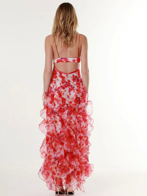 Floral Print Halter Dress With Ruffled Trim