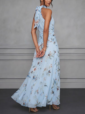 Halter Printed Temperament Waist Parties Maxi Dresses