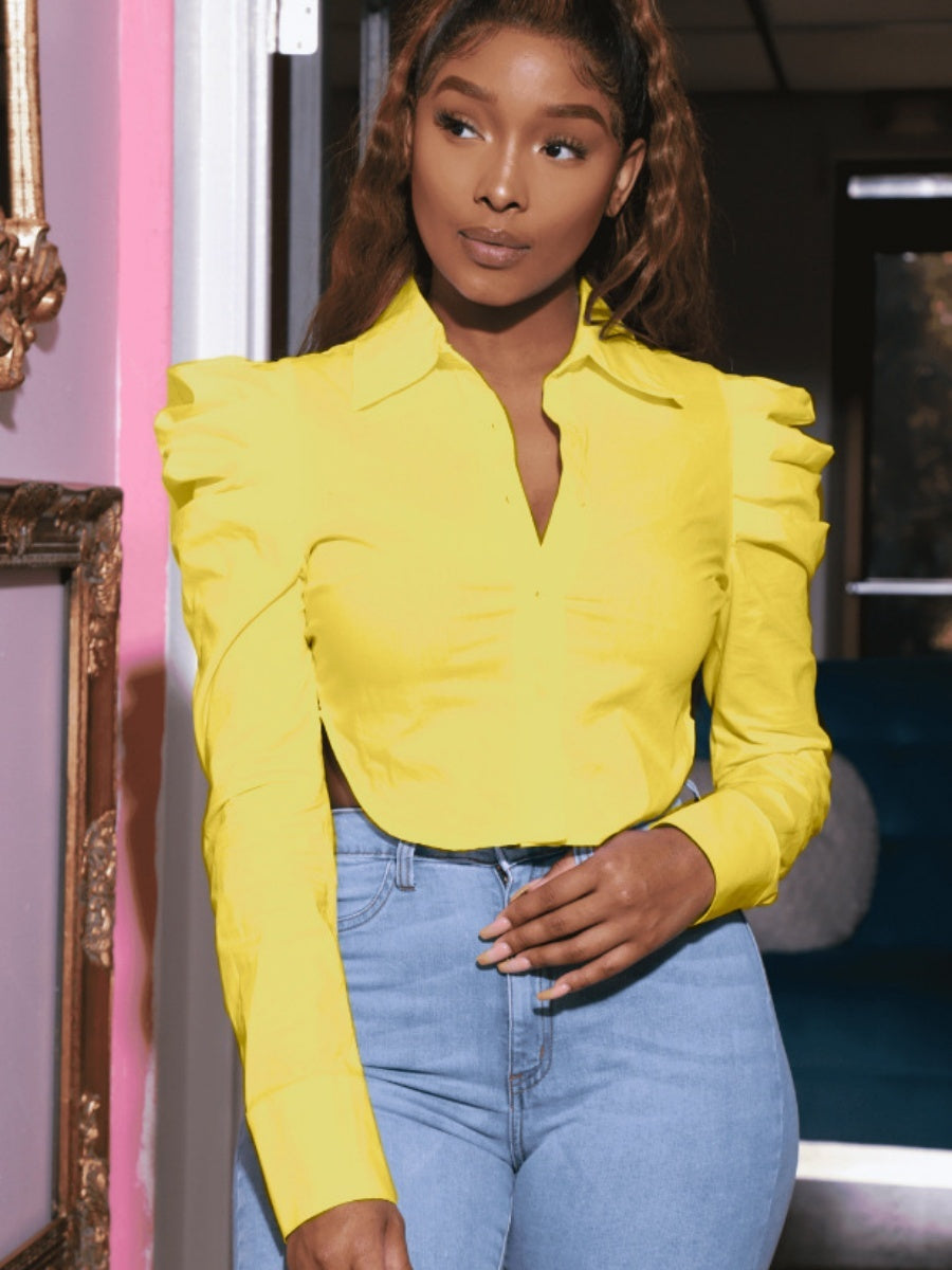 Navel Slits Leg Of Mutton Sleeves Lapel Shirts