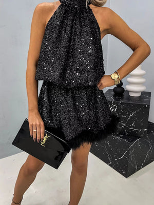 Sequins Feather Halter Lace Up Two-way Parties Mini&Short Dresses