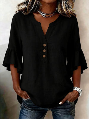 V-neck Solid Color Button Casual Ruffle Sleeve T-shirt