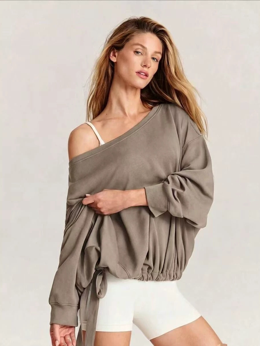 Women's Autumn/Winter Solid Color Off-Shoulder Long Sleeve Drawstring Hem Sweatshirt