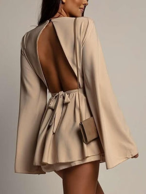 Backless  Flare Sleeve Waist Tie Mini&Short Dresses