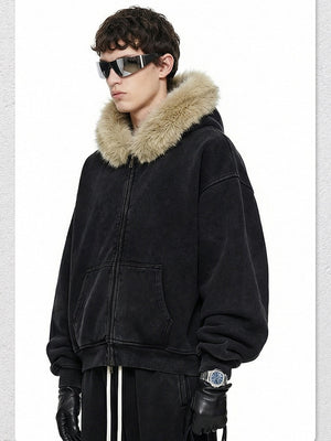 Gilet à capuche en polaire doublé, col en fourrure, coupe carrée et délavée