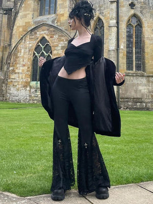 Hollow Lace Black Slightly Flared Pants