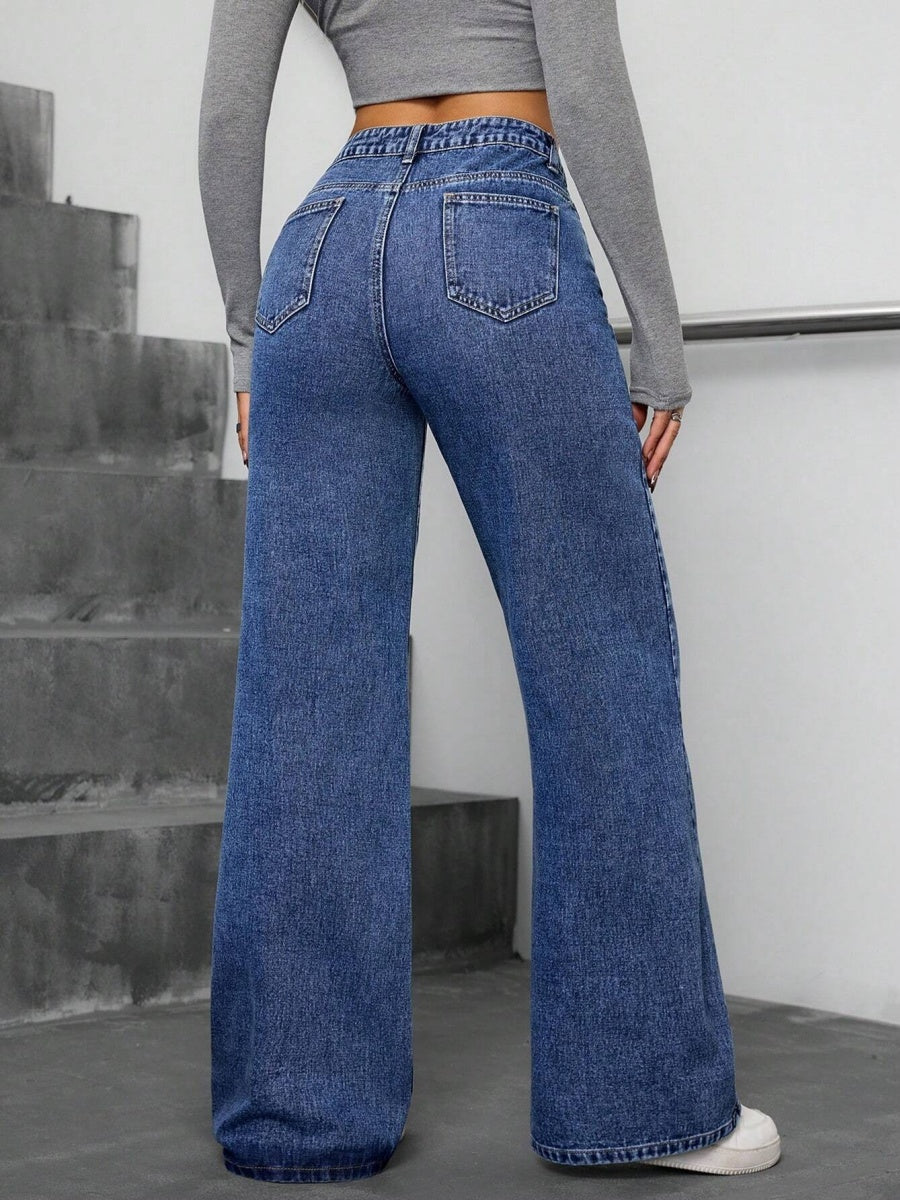 Wash Water High Waist Straight Beading Jeans