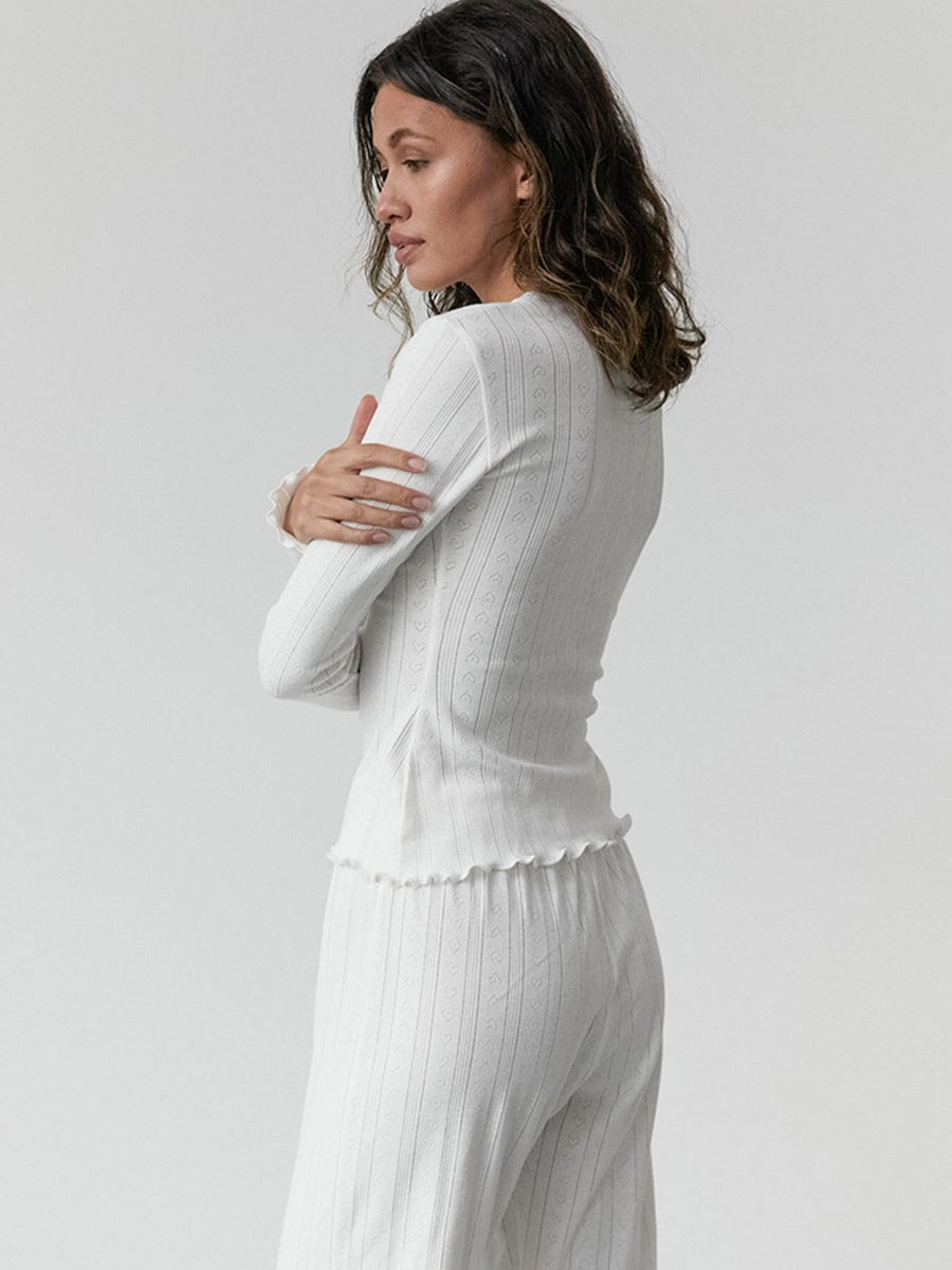 Ensemble de nuit deux pièces à manches longues en maille jacquard ajourée à motif cœur