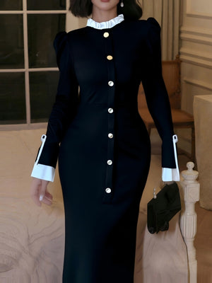 Black And White Color-blocked Velvet Fitted Long Dress