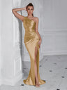 High-end Party Dress With One-shoulder Pleats, Fitted Design, And Slit.