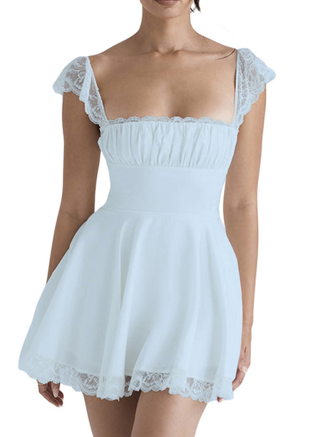 Lace Trim Square Neck Suspenders Slim-fit Backless Sweet Mini&Short Dresses