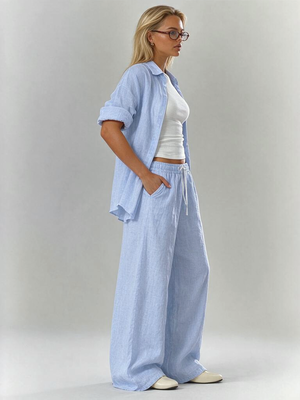 Solid Color Shirt And Trousers Set, Long-sleeved Shirt And Loose Trousers, Two-piece Set