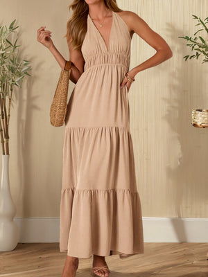 V-neck Halter Neck Lace-up Maxi Dresses