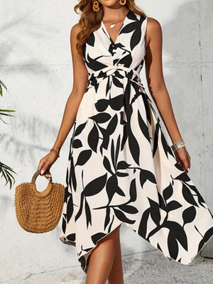 Irregular Printed Waist Midi Dresses
