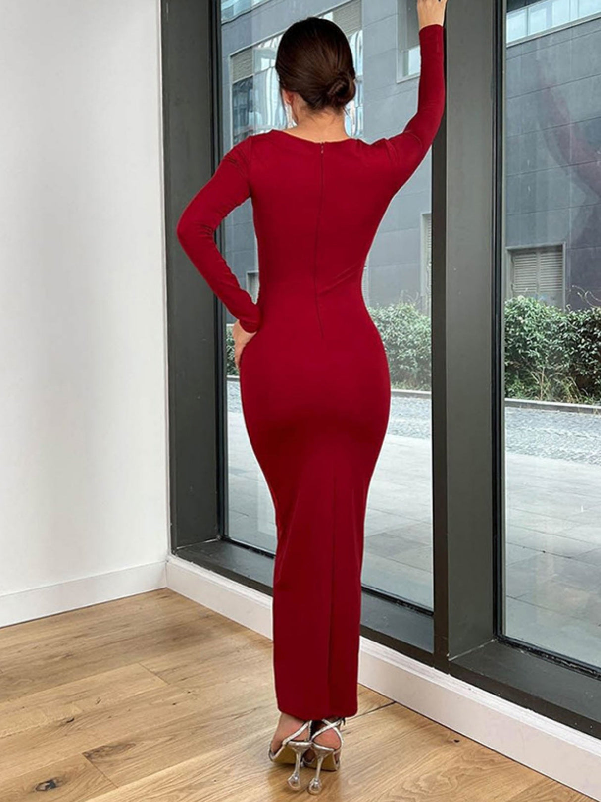 Pleated Sexy Slim Long Sleeve Solid Color Simple Temperament Hip Long Dress