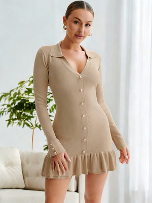 Color-blocked Ruffle Lapel Buttons Maxi Dresses