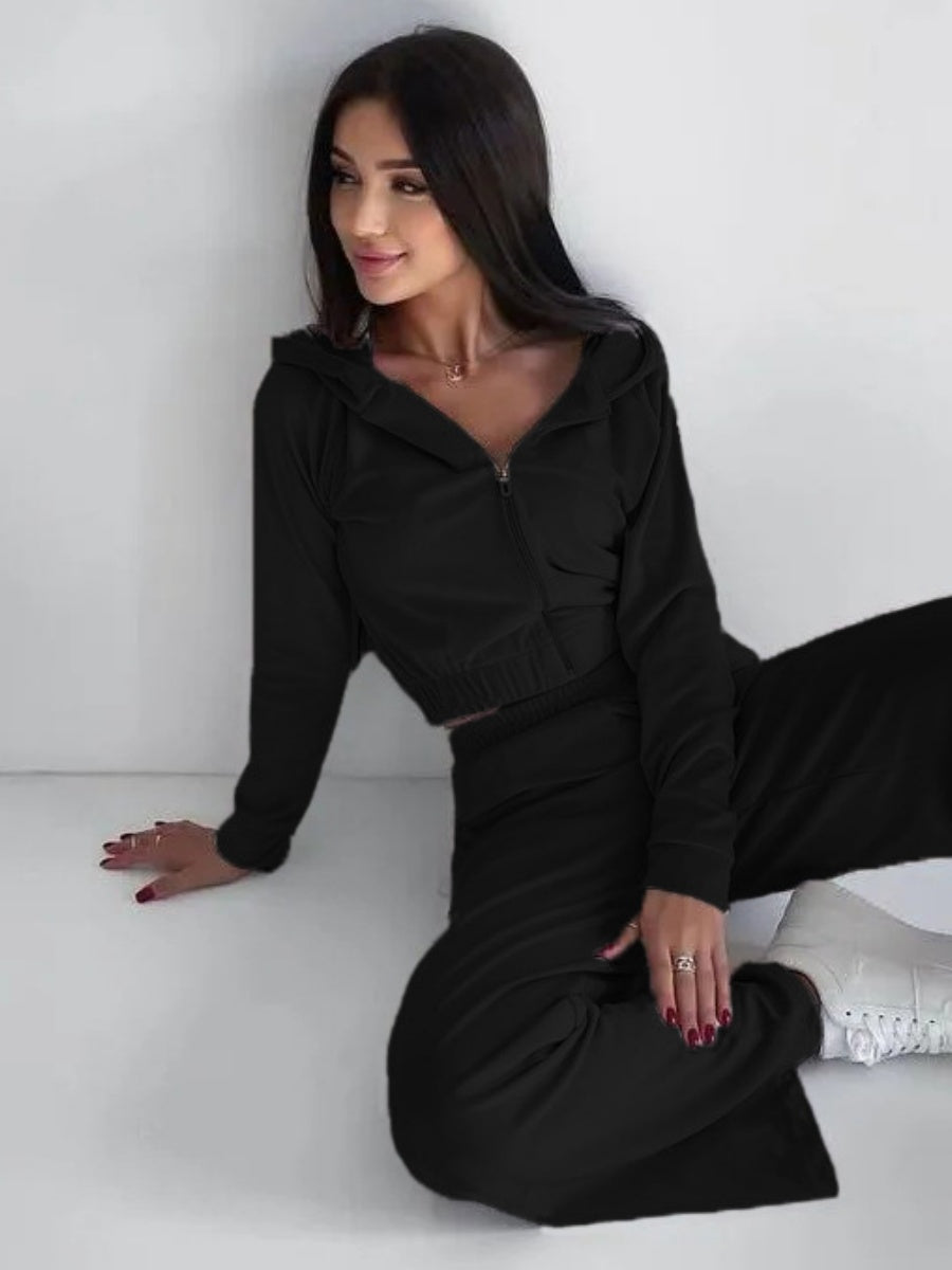 Liber Autumn women's clothing zipper Hooded long-sleeved cardigan two-piece set