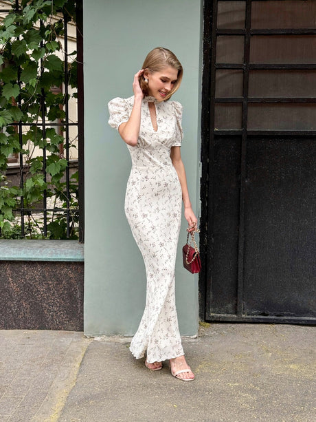 V-neck Temperament Floral Puff Sleeve Maxi Dresses