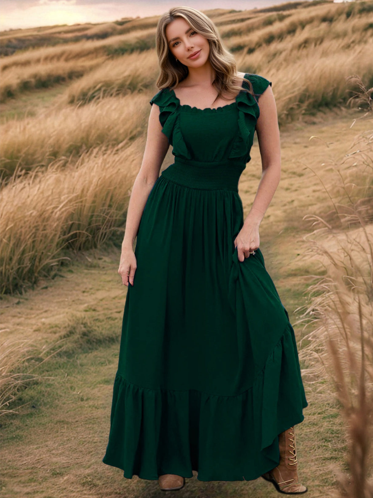 Ruffle Off-shoulder Neckline Waist Shaping Vacation Style Maxi Dresses